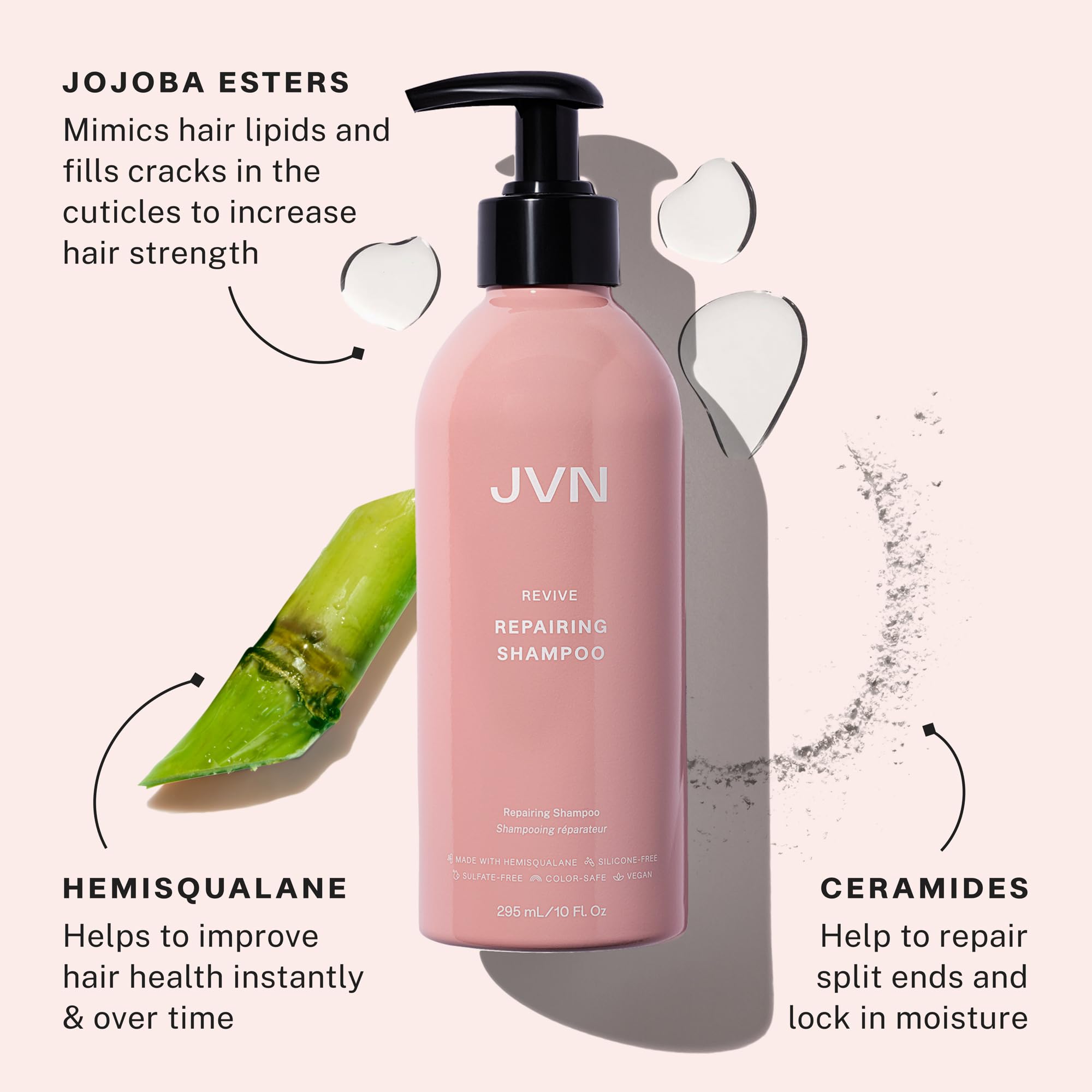 Etiqueta frontal de JVN Revive Reparador Champú, destaca ceramidas para reparación suave.