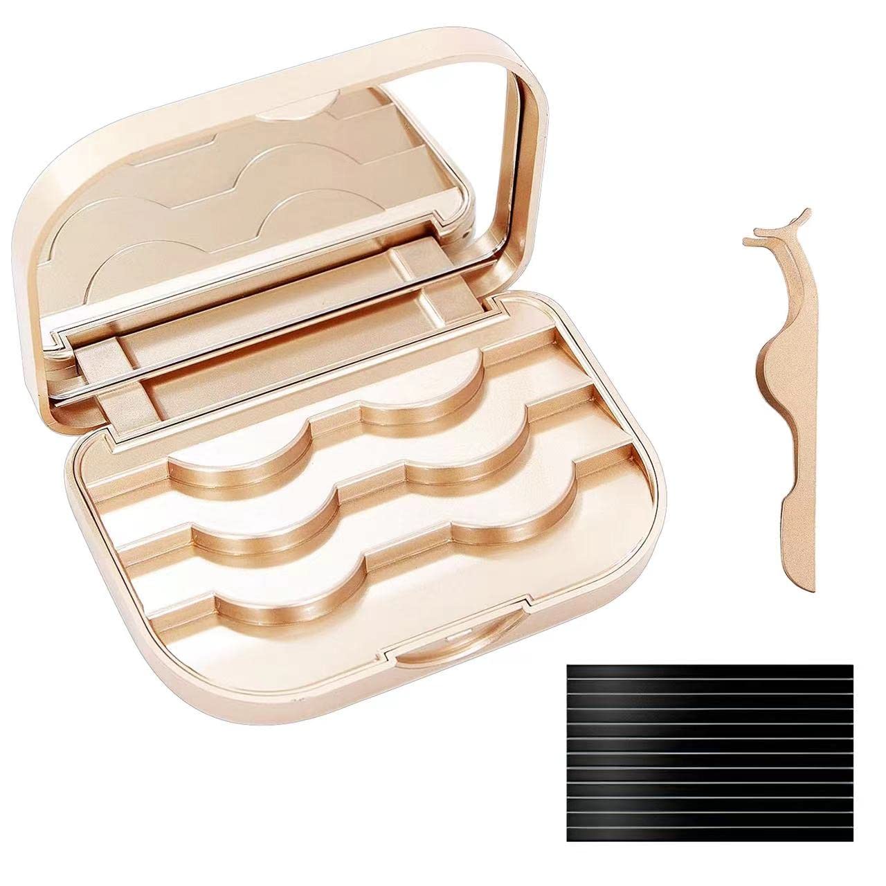 Estuche JYHi para pestañas con espejo dorado, ideal para viajes y organización.