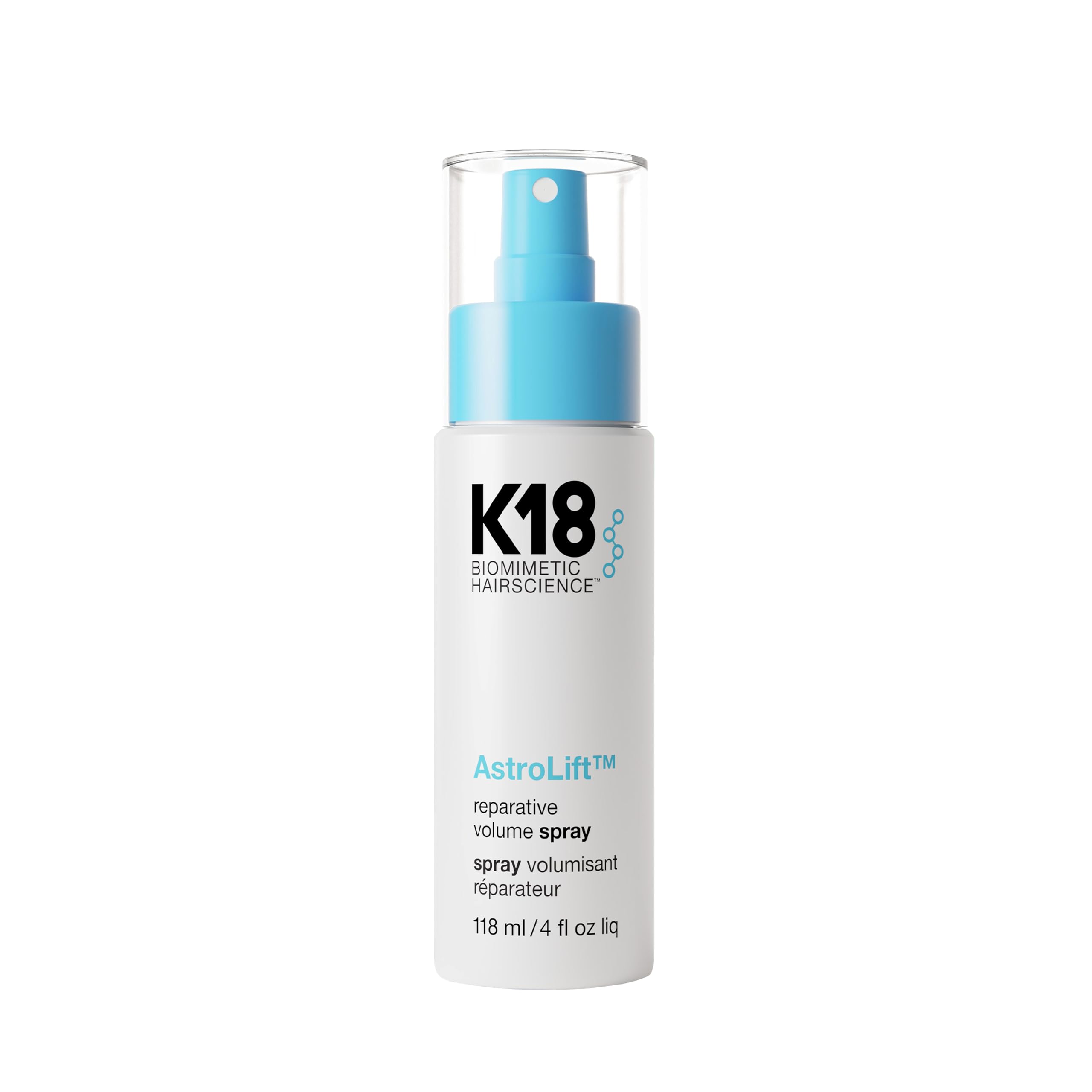 K18 AstroLift: bouteille de spray volume, démontrant une application facile et efficace.
