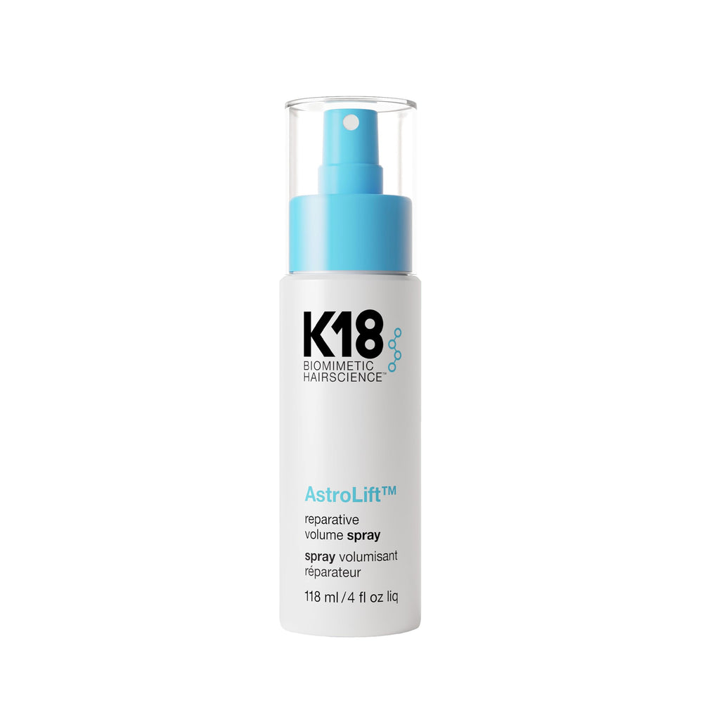 K18 AstroLift: bouteille de spray volume, démontrant une application facile et efficace.