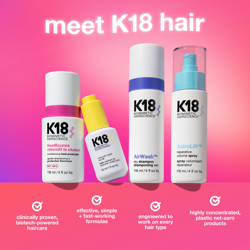 K18 HeatBounce extensiones: protección térmica compatible para estilos con extensiones.