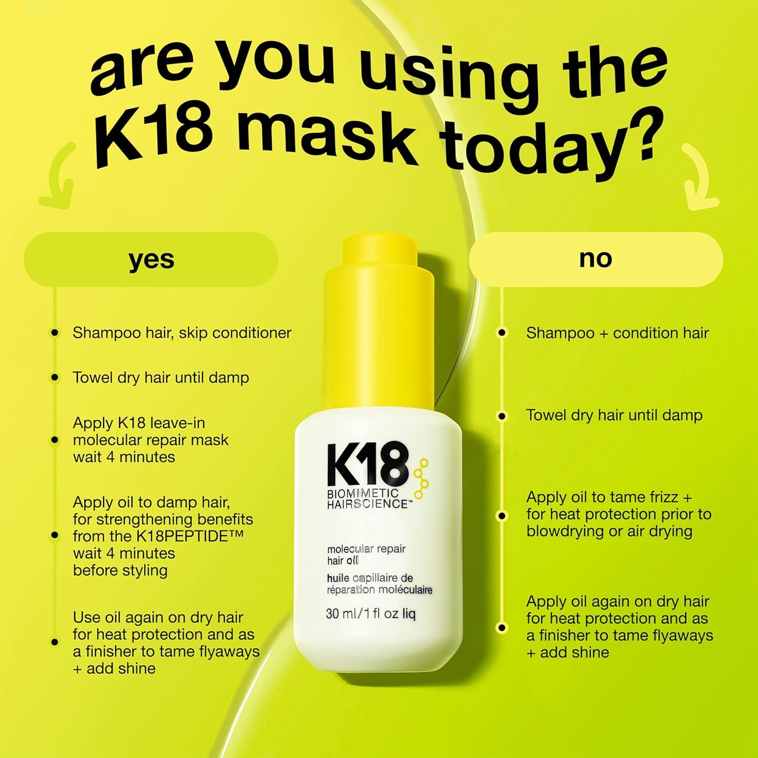 K18 Huile application rapide, routine capillaire simplifiée.