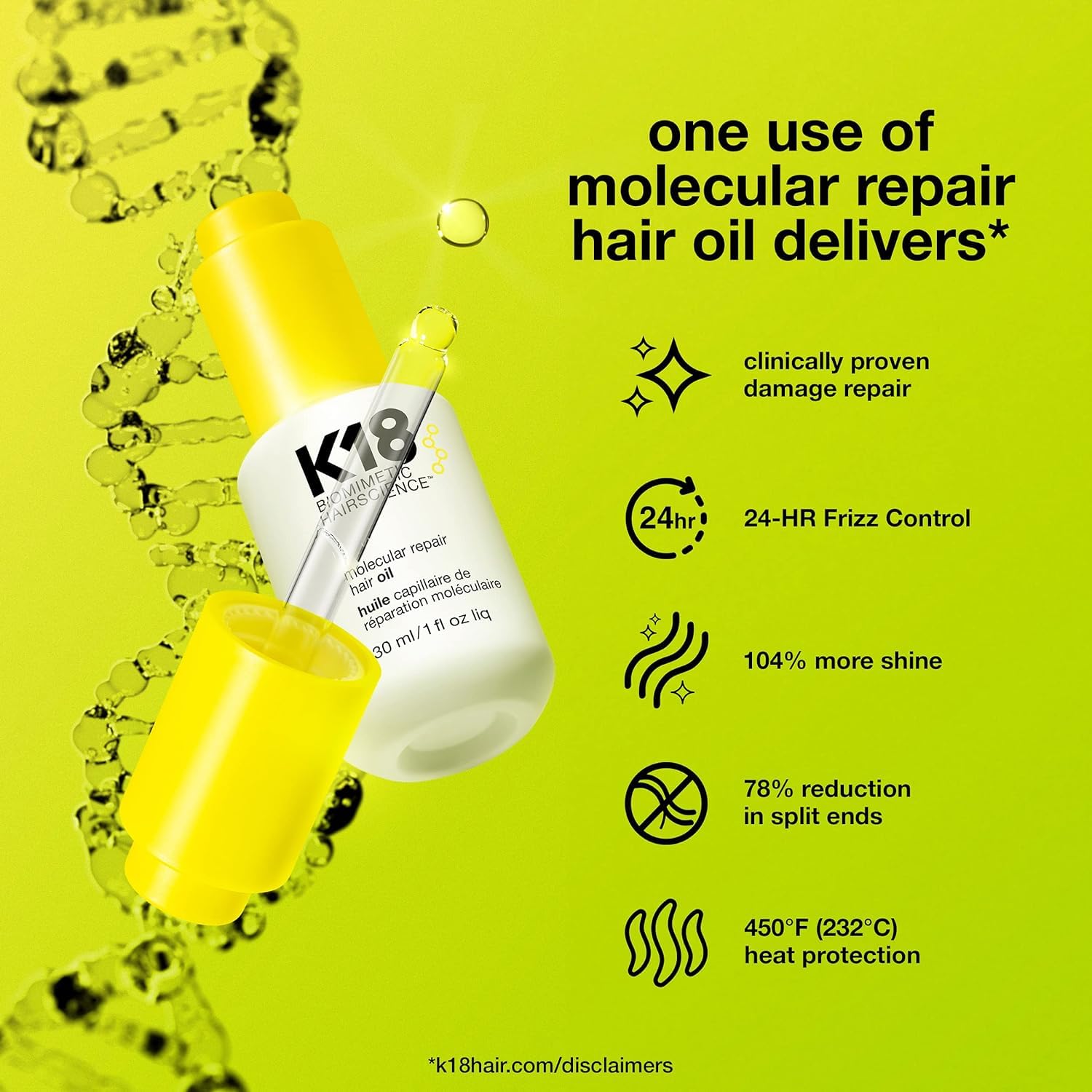K18 Huile prévient le frisage jusqu’à 450f, protection thermique.