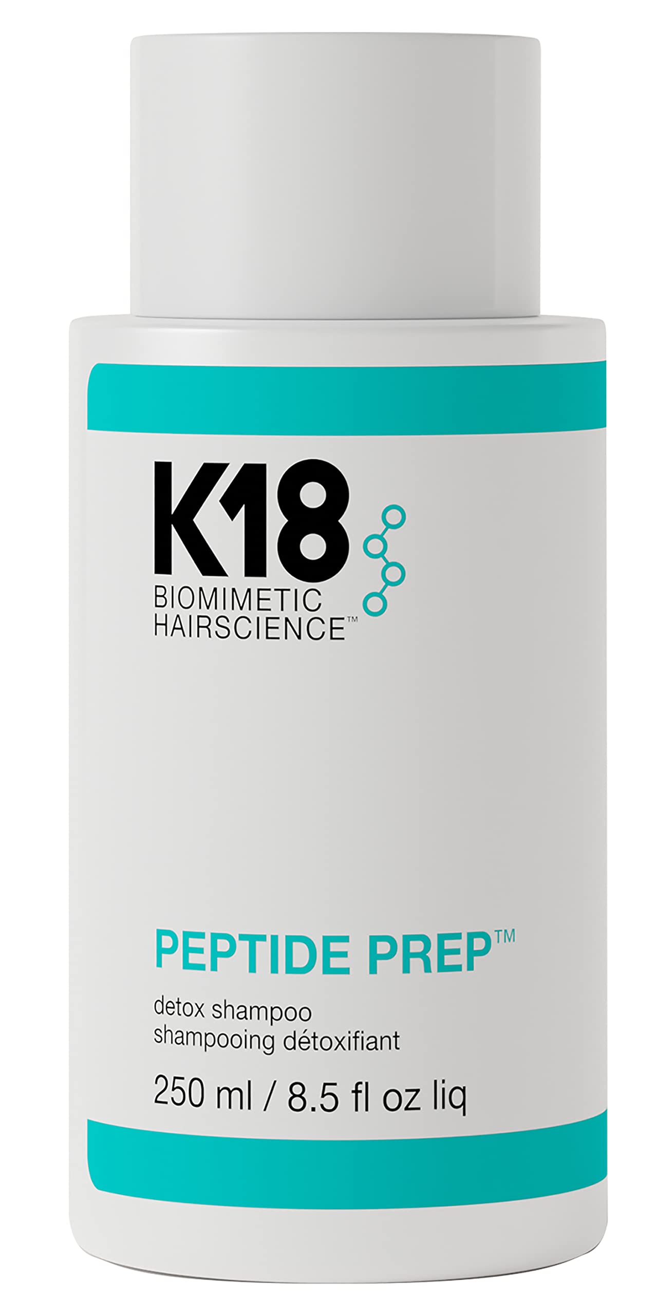 K18 PEPTIDE PREP detox champú en botella limpia residuos de producto sin dañar el color.