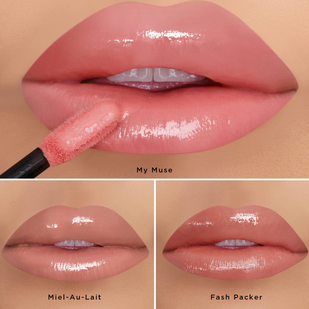 K7L detalle del brillo labial rosado natural para un look elegante.