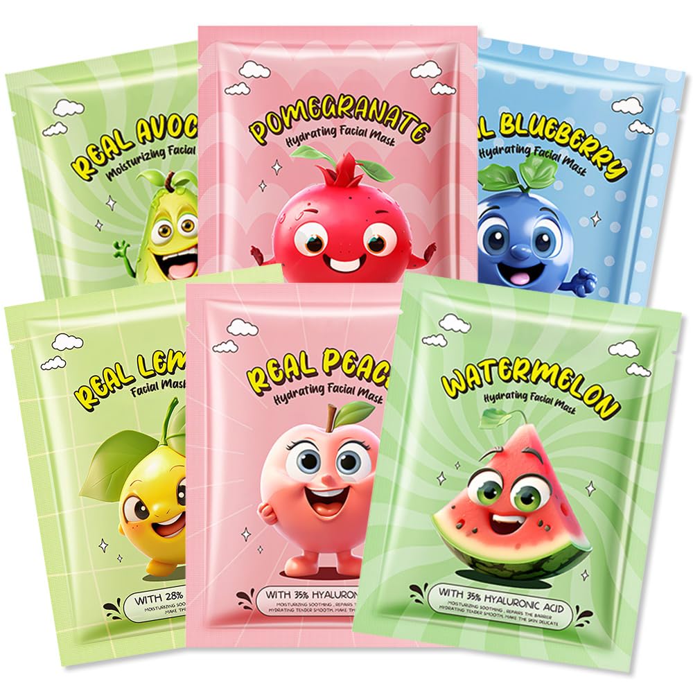 Kaely 6 Pack mascarillas de fruta para niños: variedad para hidratar la piel