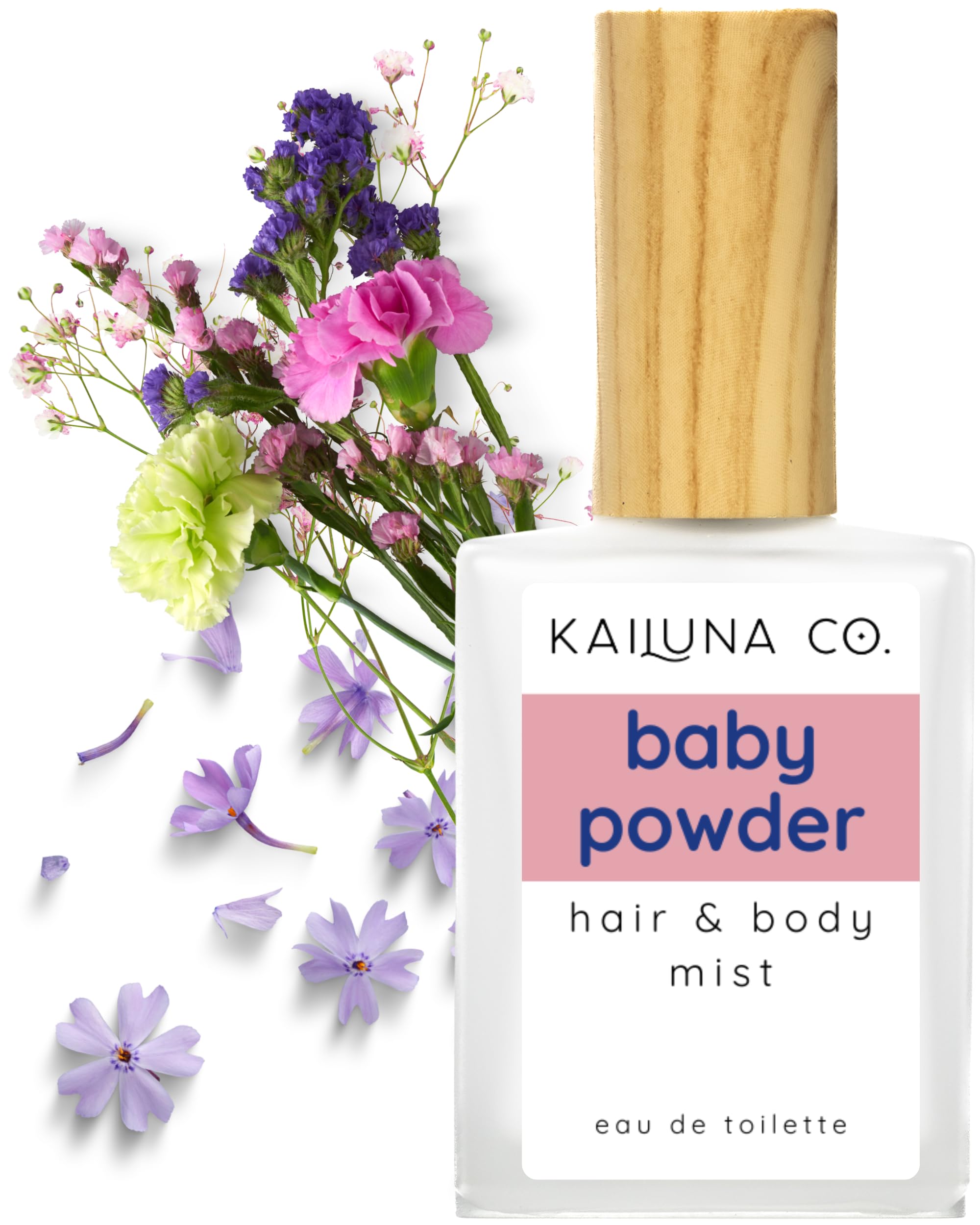 Kailuna Co. bruma talco para cabello y cuerpo en pulverizador, aroma suave y reconfortante.