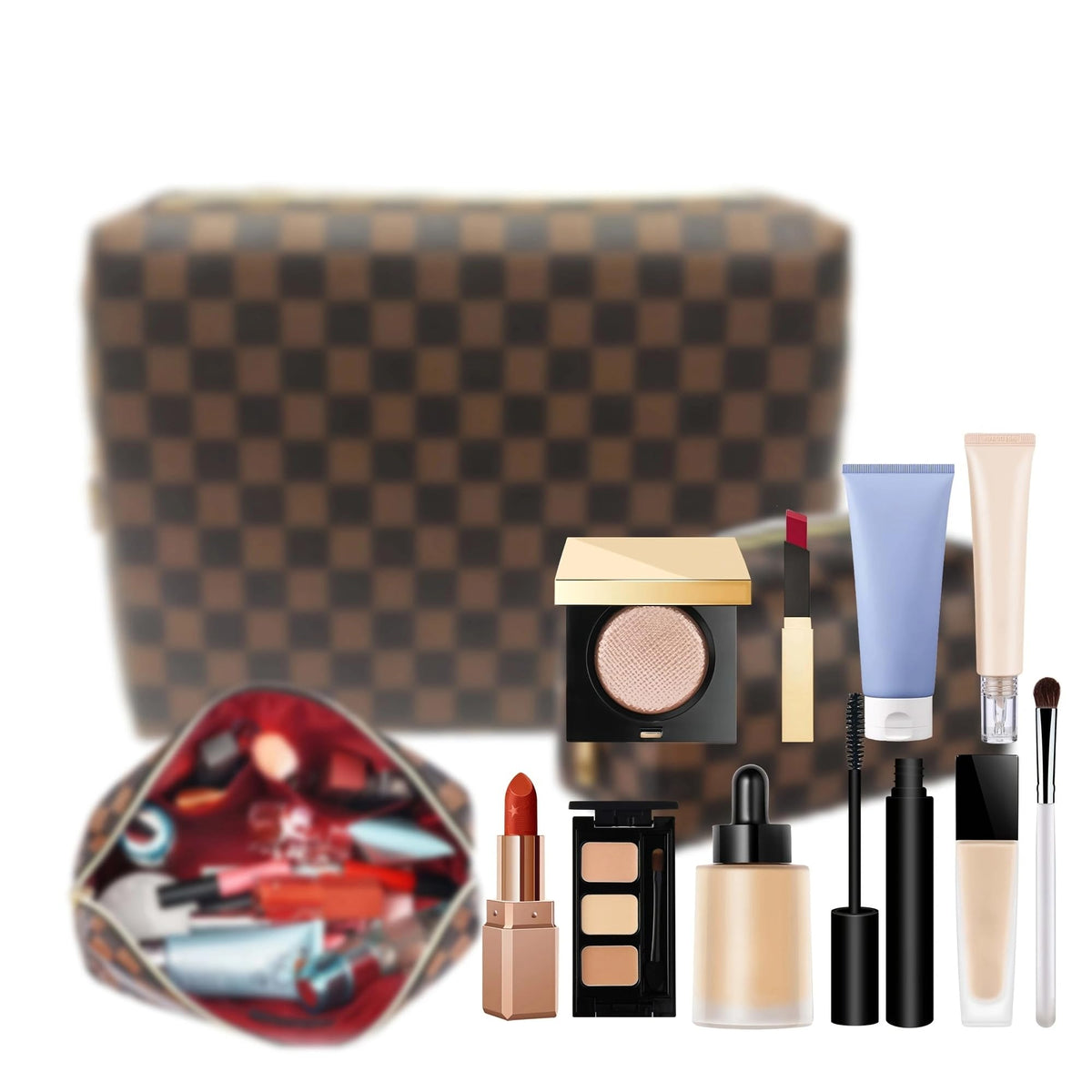 kancehinage estuche maquillaje a cuadros con amplio compartimento para cosméticos y brochas