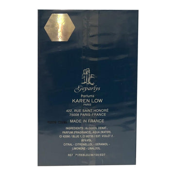 Notas aromáticas de Karen Low Azul Puro, sensación fresca y elegante.