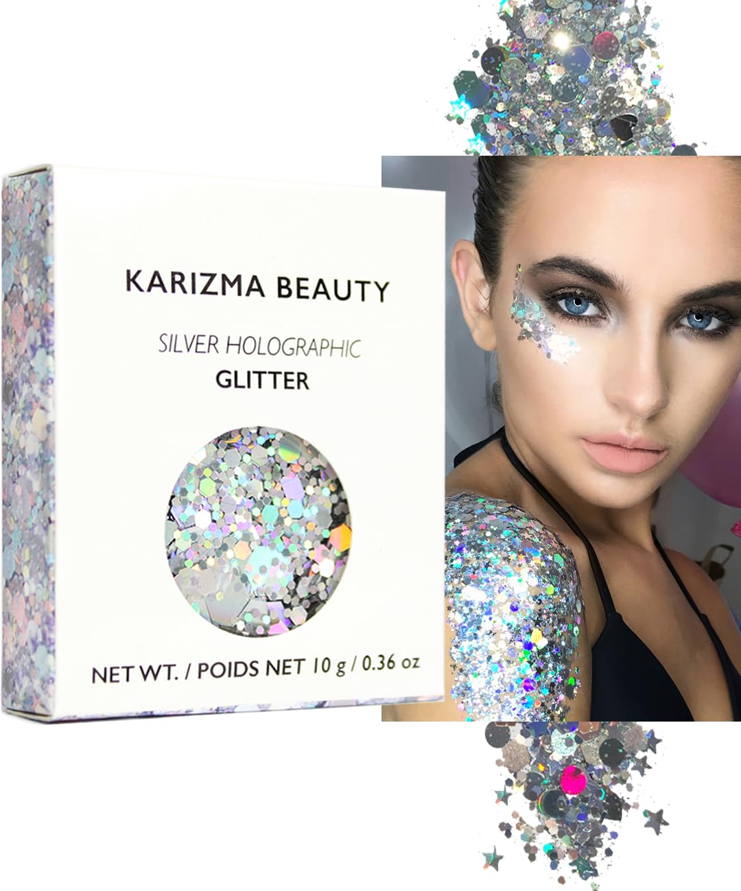 KARIZMA Glitter holográfico plateado para cuerpo y rostro, brillo duradero para looks de festival.