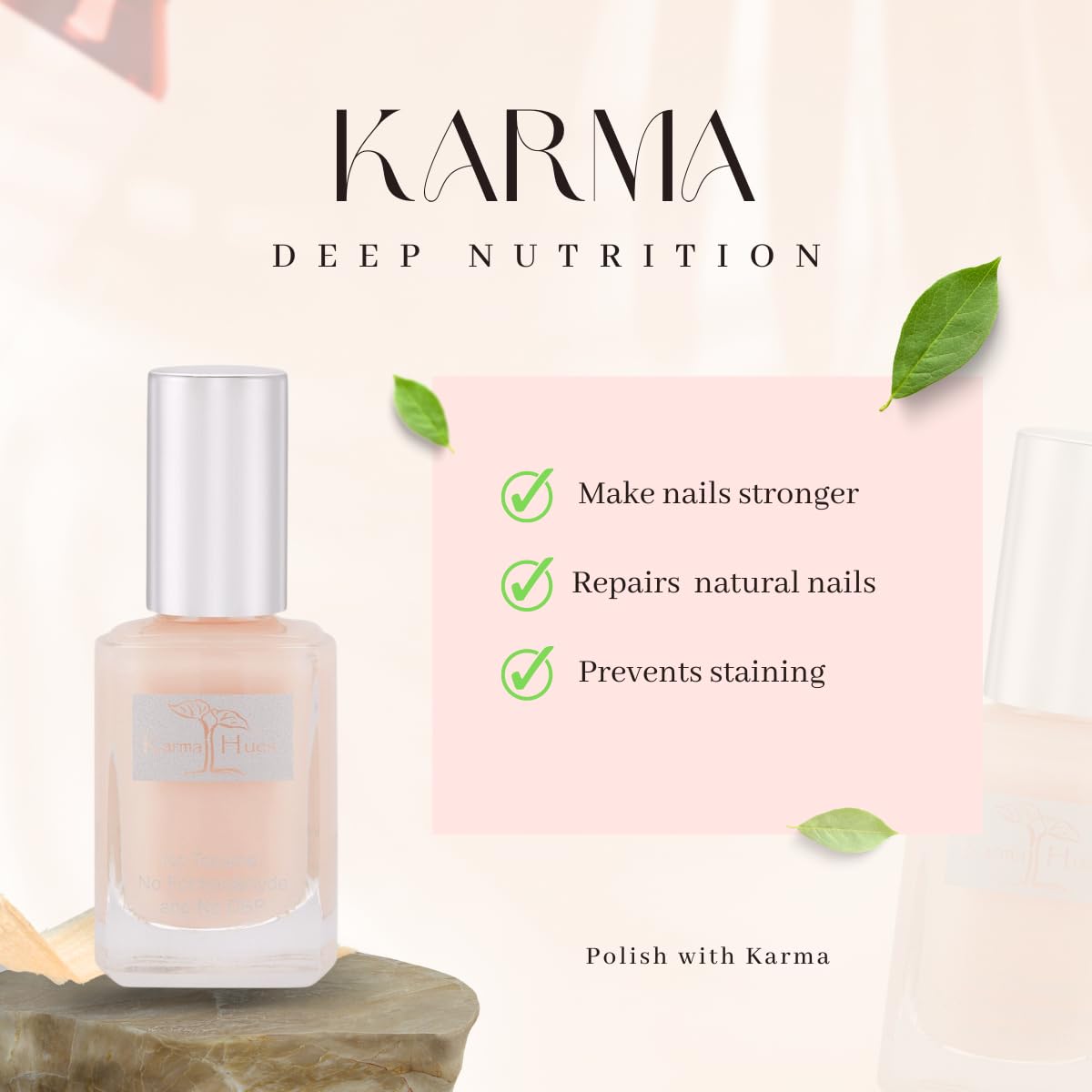 Karma Organic Deep Nutrition para uñas, reparando capas para mayor durabilidad.