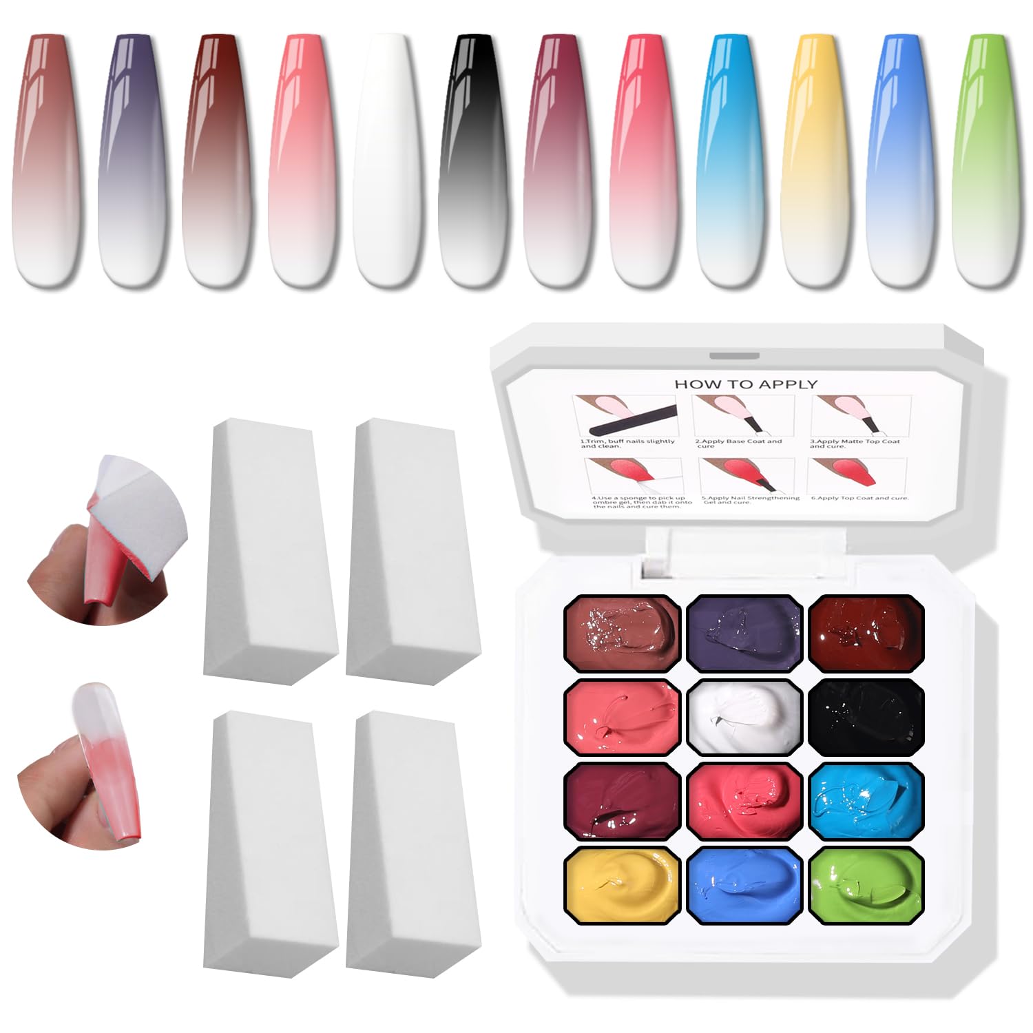 Karroy esponja para ombré con paleta de 12 colores, facilita degradados elegantes.