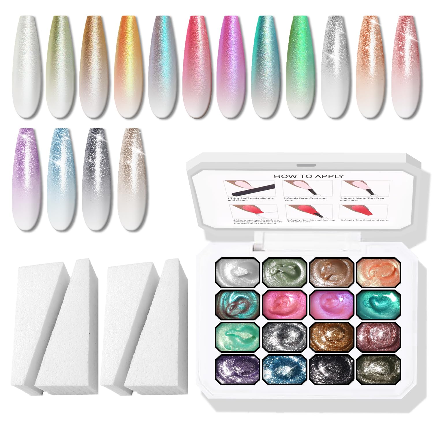 Paleta Karroy Glitter Pat Gel: 16 colores para ombré y brillo holográfico.
