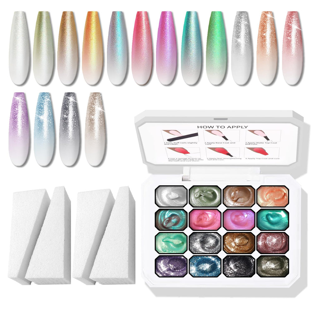 Paleta Karroy Glitter Pat Gel: 16 colores para ombré y brillo holográfico.