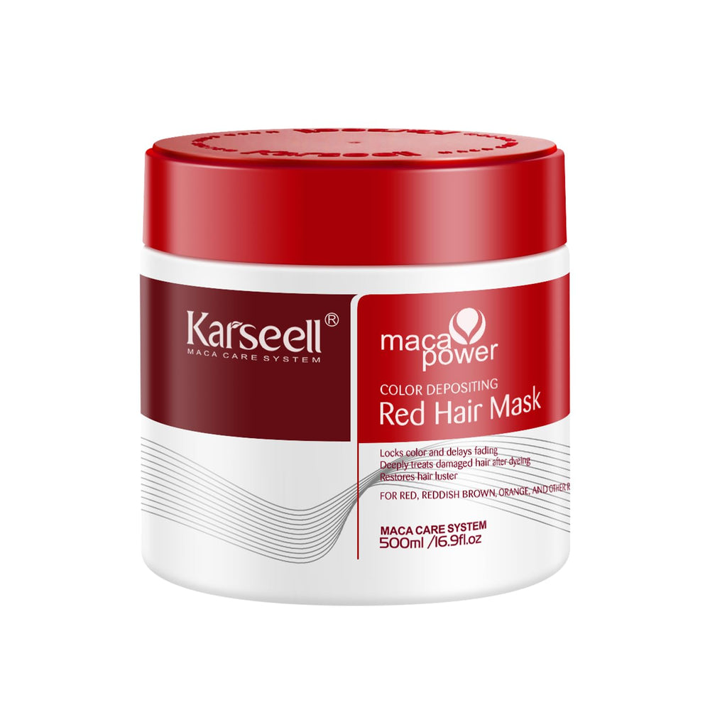 Karseell Acondicionador depositante de color, botella en primer plano, realza rojos y brillo duradero.