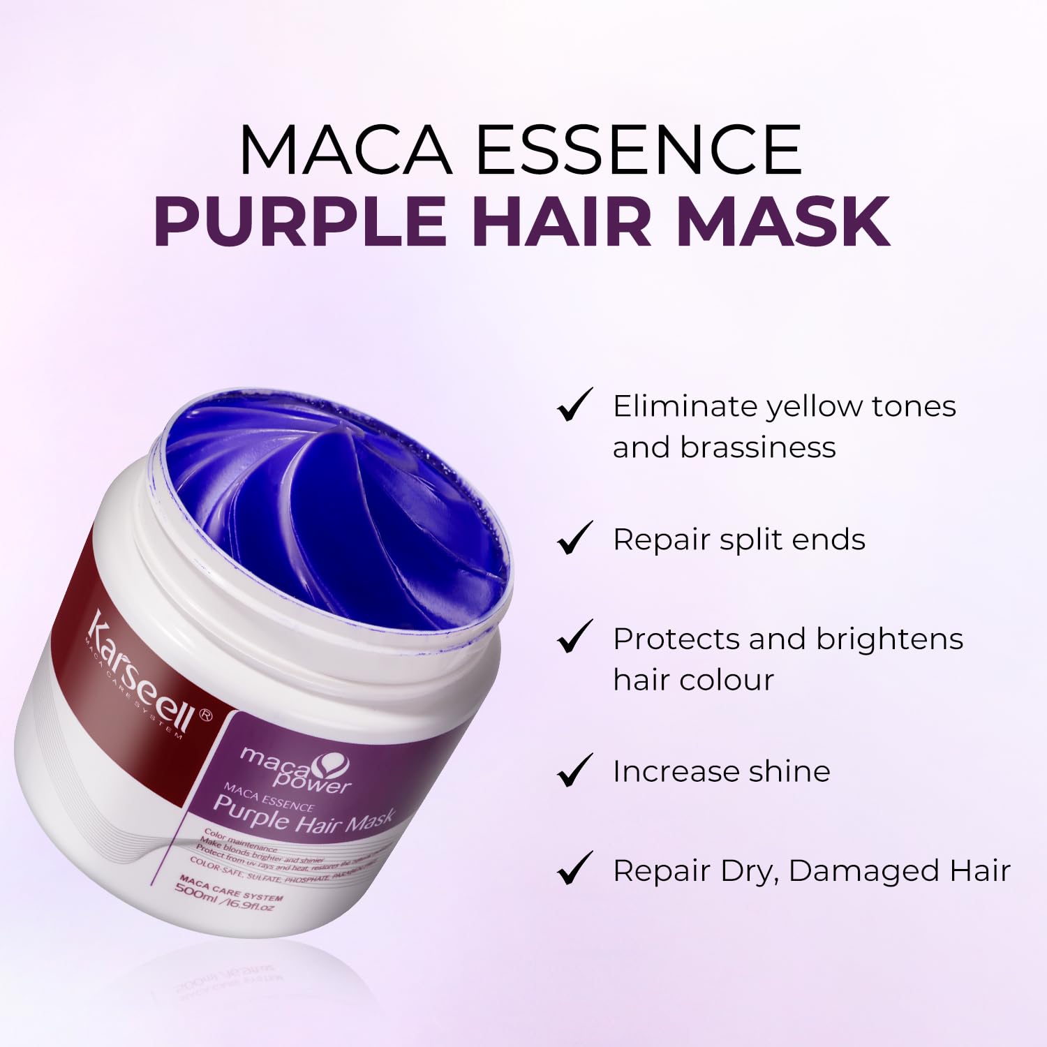 Karseell mascarilla morada aplicada en cabello para neutralizar reflejos no deseados.