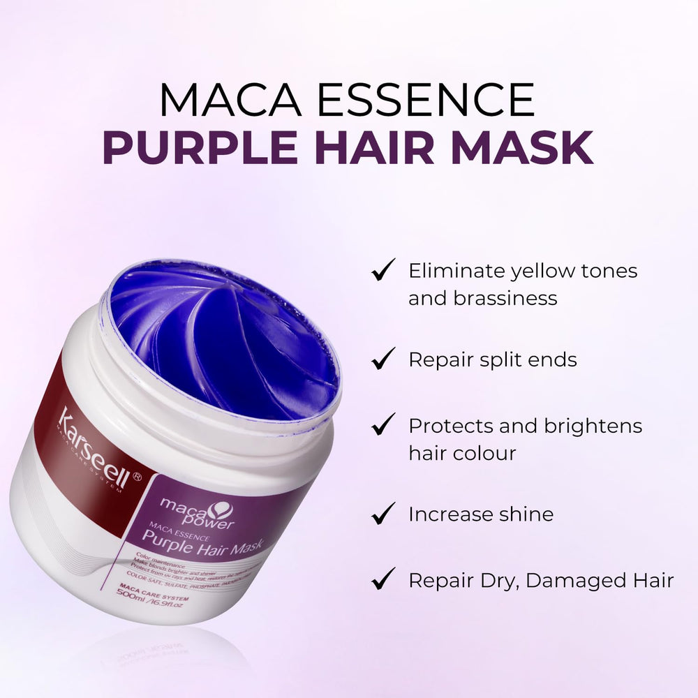 Karseell mascarilla morada aplicada en cabello para neutralizar reflejos no deseados.