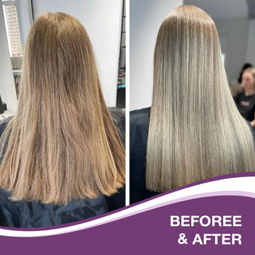 Resultado sin frizz con mascarilla púrpura Karseell en cabello plateado