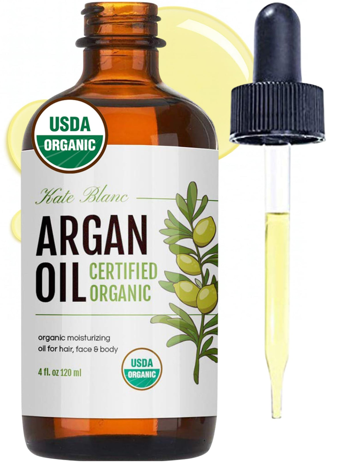 Kate Blanc Aceite de Argán en botella, hidratación suave para cabello y piel.
