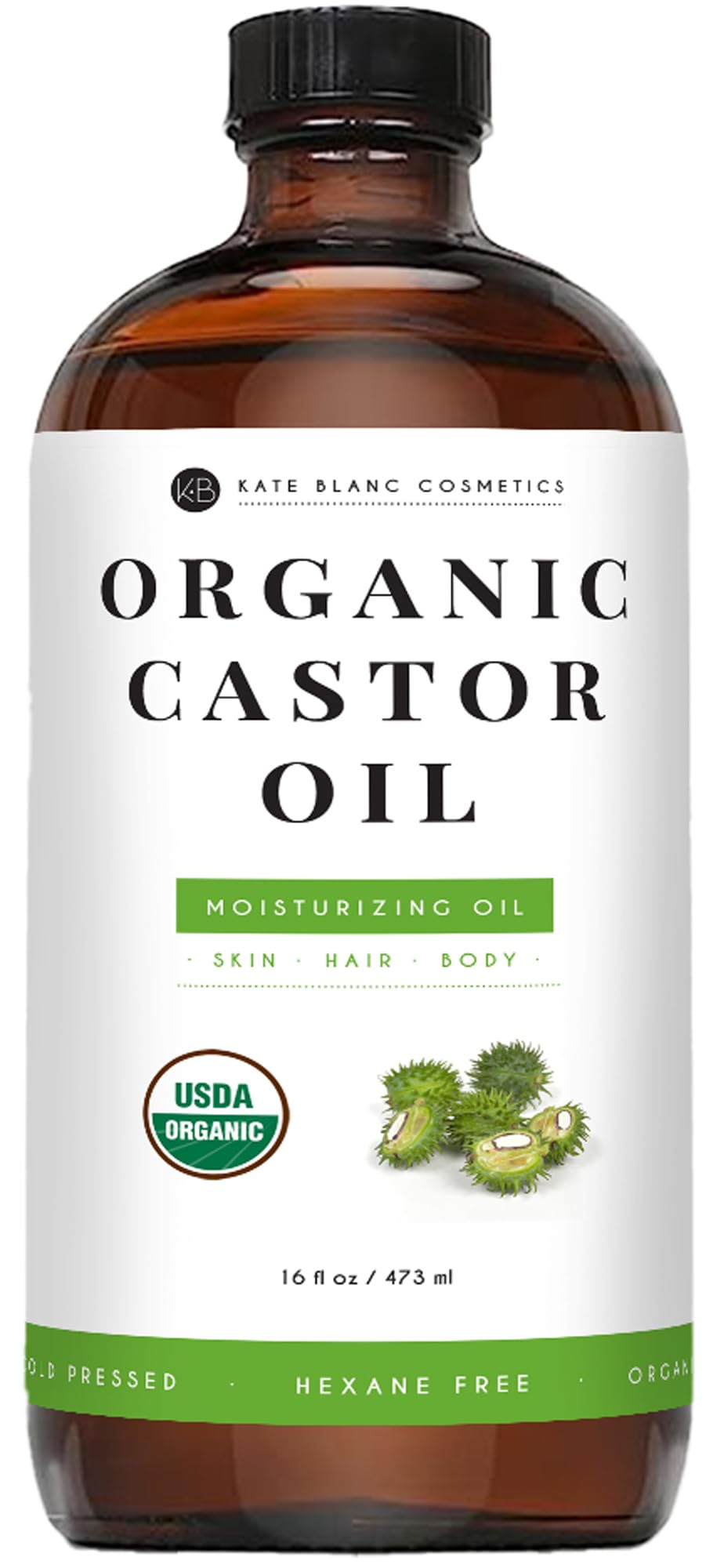 Kate Blanc Cosmetics Aceite de Ricino en frasco de vidrio de 16 oz para piel y cabello.