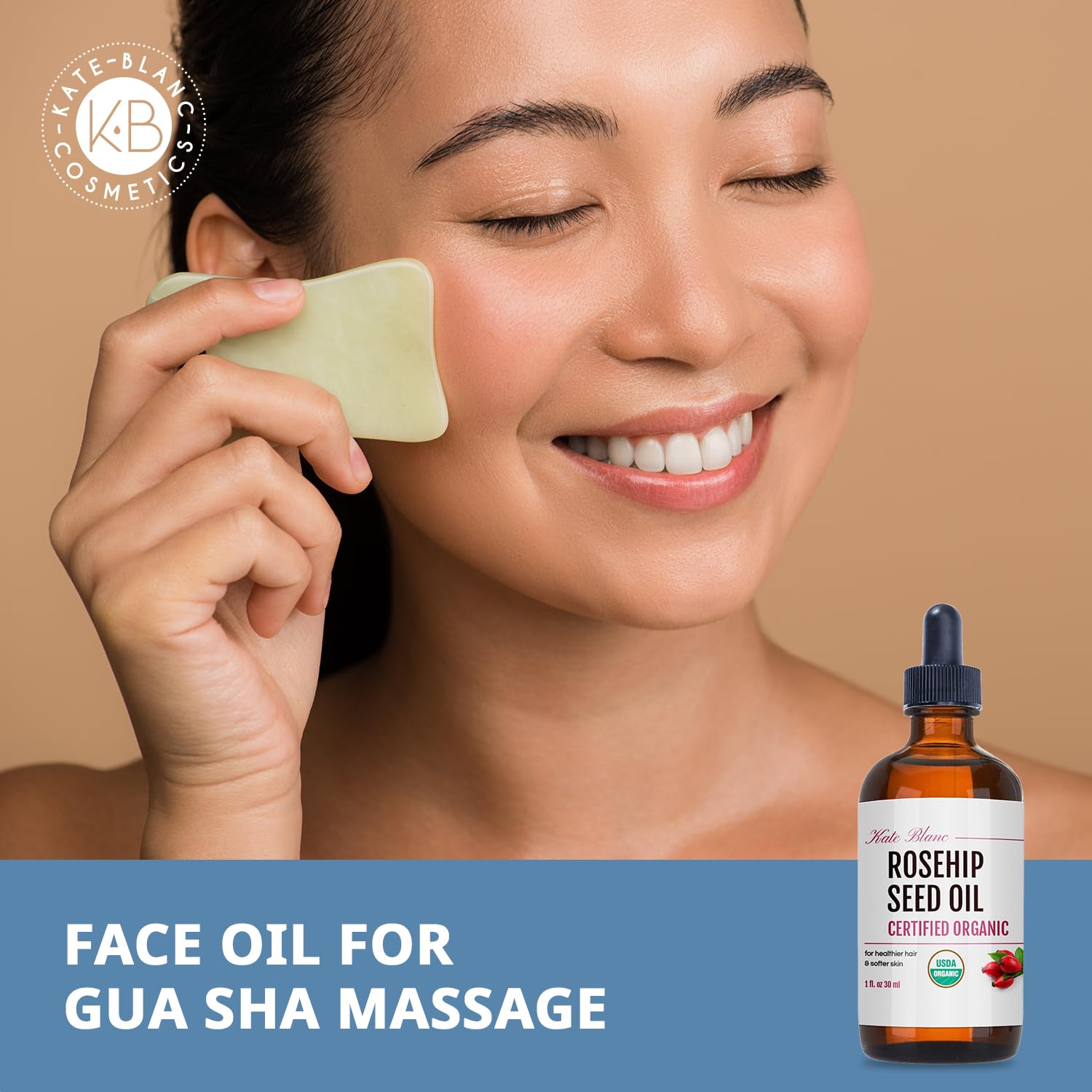 Kate Blanc Cosmetics Aceite Rosa Mosqueta – gua sha facilita deslizamiento suave.