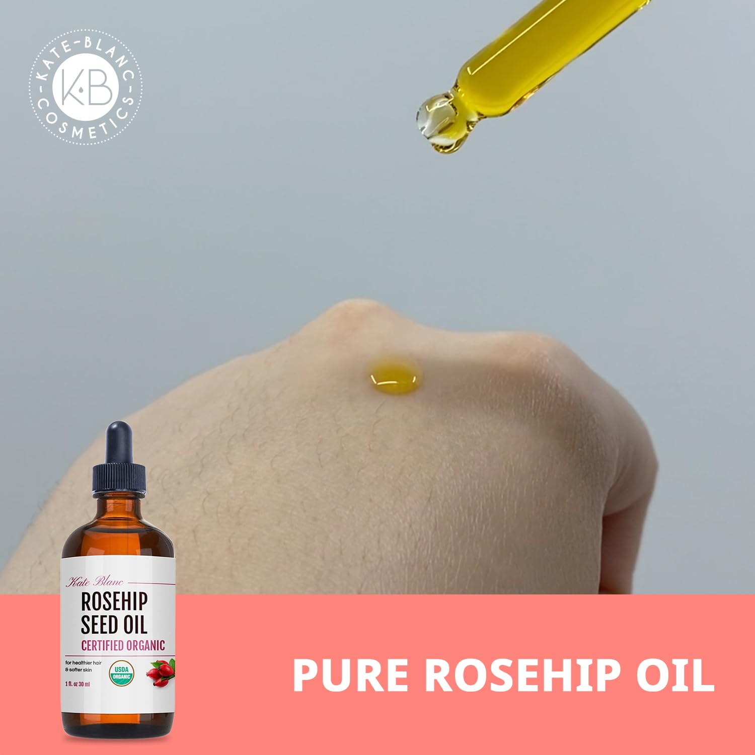 Kate Blanc Cosmetics Aceite Rosa Mosqueta – masaje facial mejora deslizamiento y brillo natural.