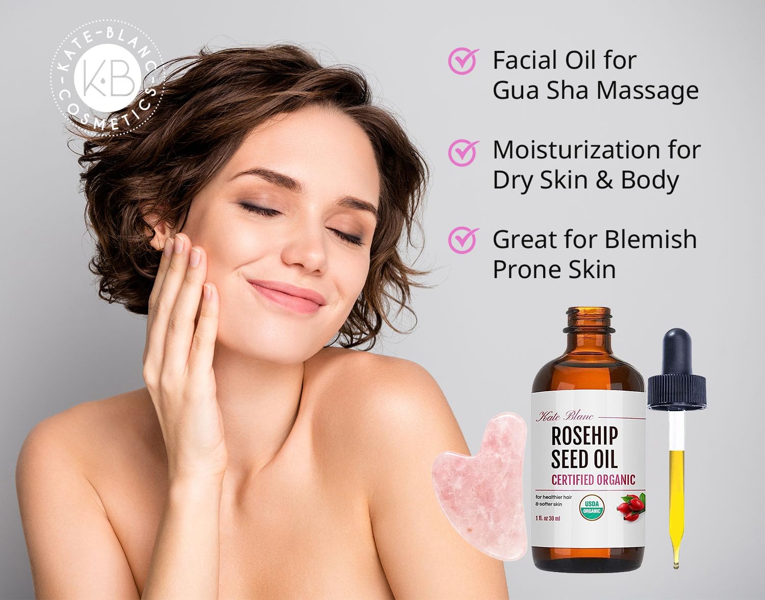 Kate Blanc Cosmetics piedra gua sha rosa, facilita masajes faciales y alivio de tensiones.