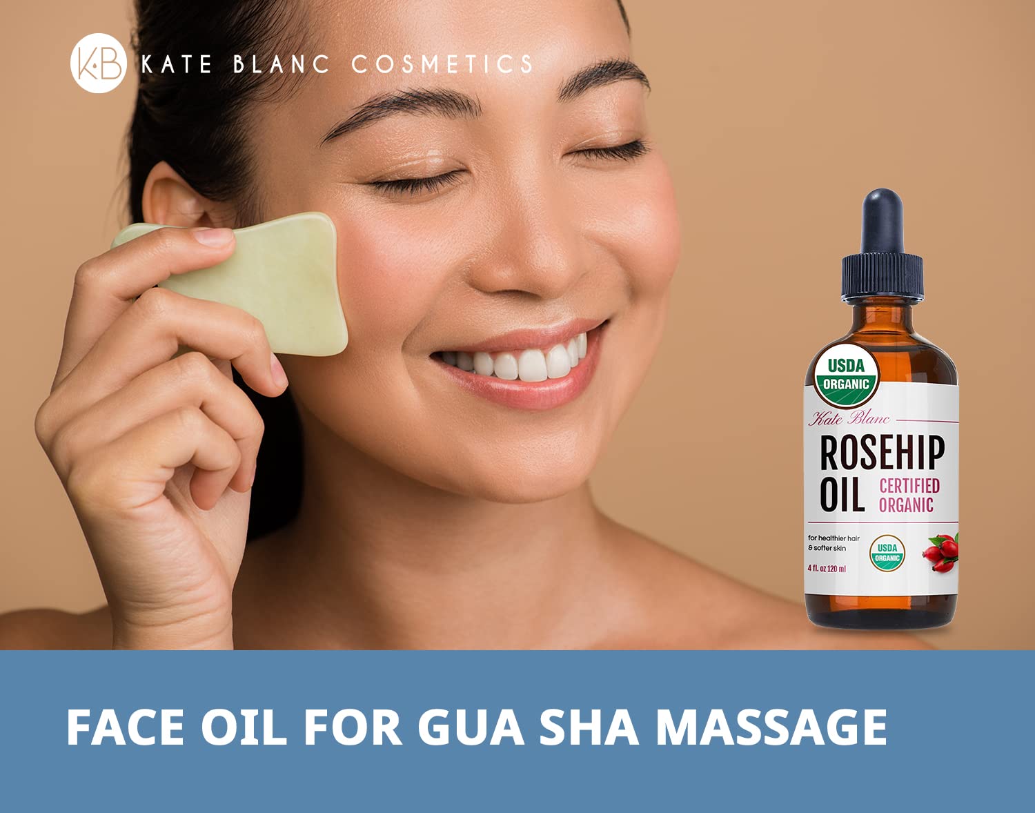 Kate Blanc Cosmetics aceite de rosa mosqueta, gua sha con deslizamiento suave