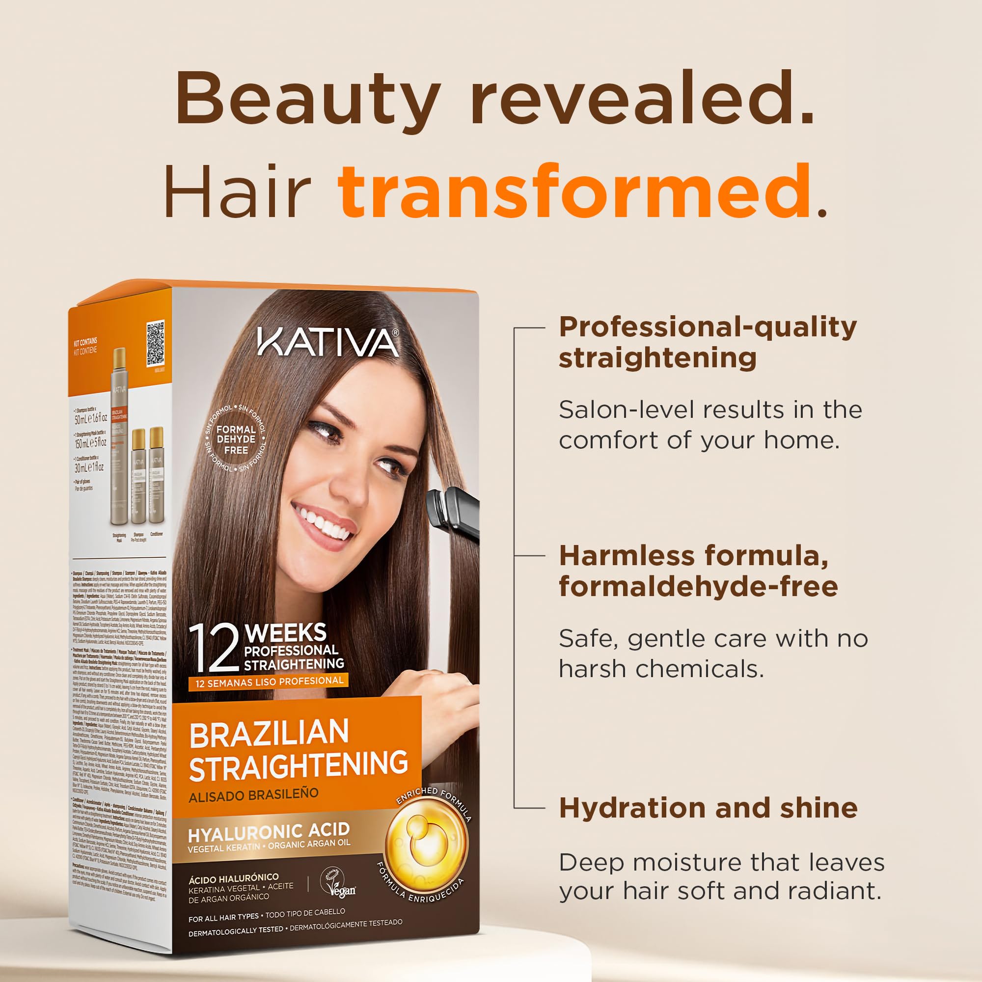 KATIVA mascarilla de alisado en envase, promueve manejo del frizz y suavidad.