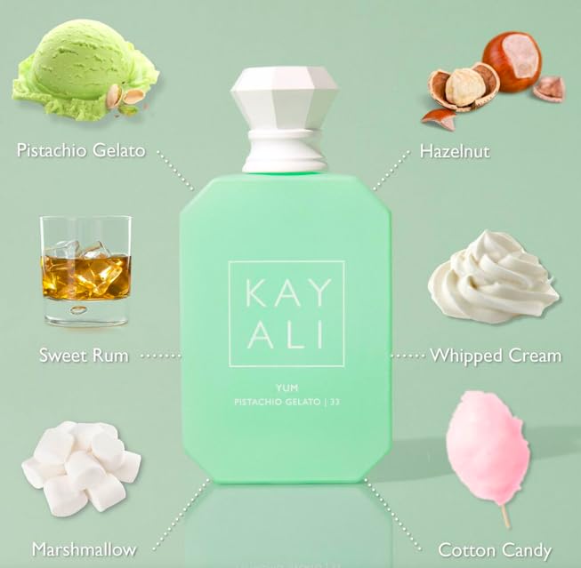 Kayali Yum Pistachio Gelato, notas dulces que realzan momentos especiales.