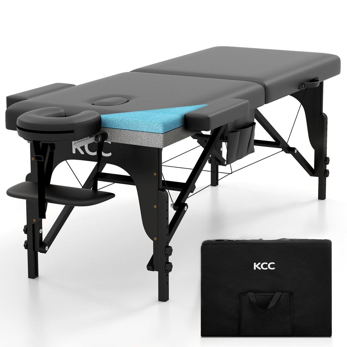 Mesa de masajes KCC con espuma de memoria para un soporte suave y cómodo.