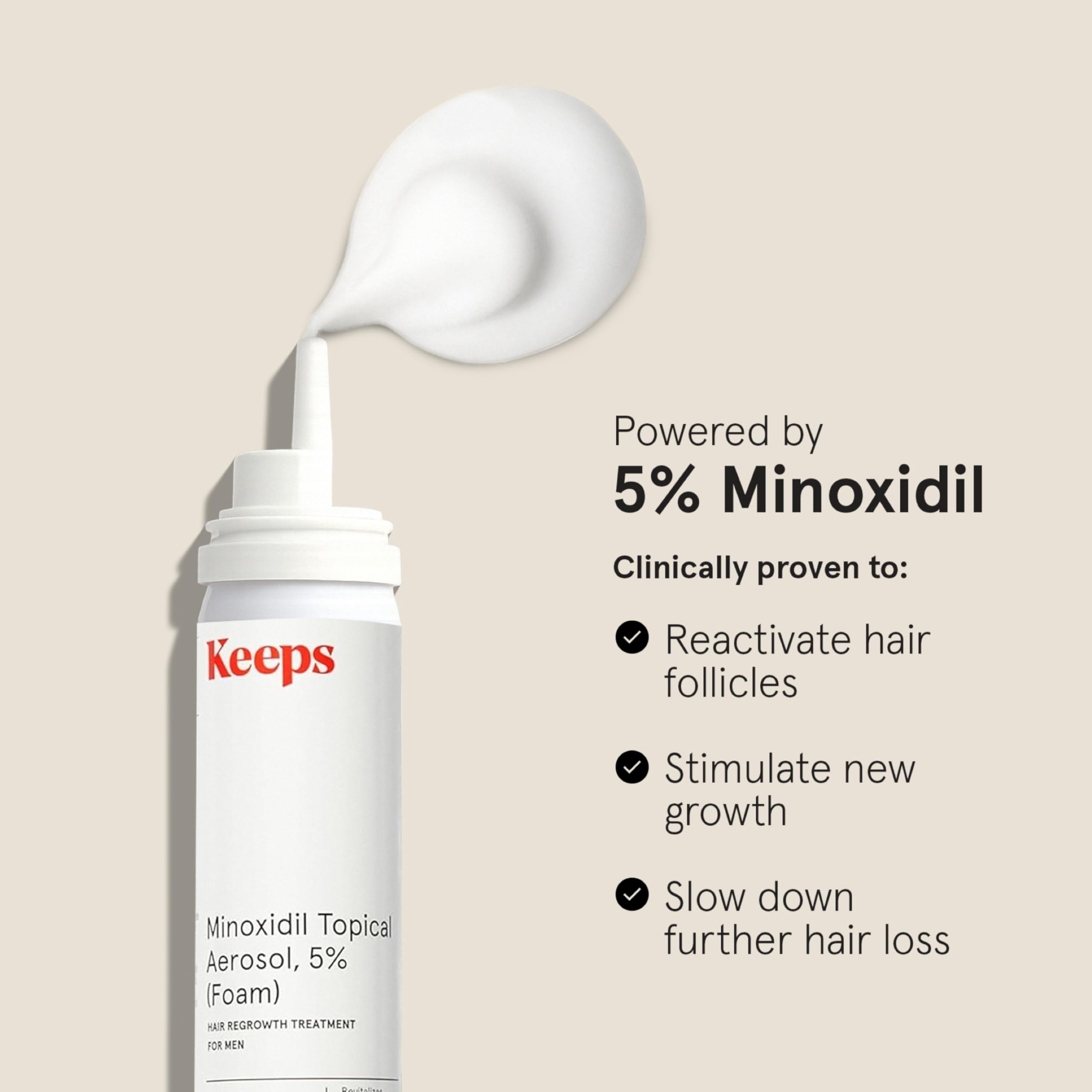 Keeps Minoxidil espuma, foco en coronilla y vértice para revitalizar folículos