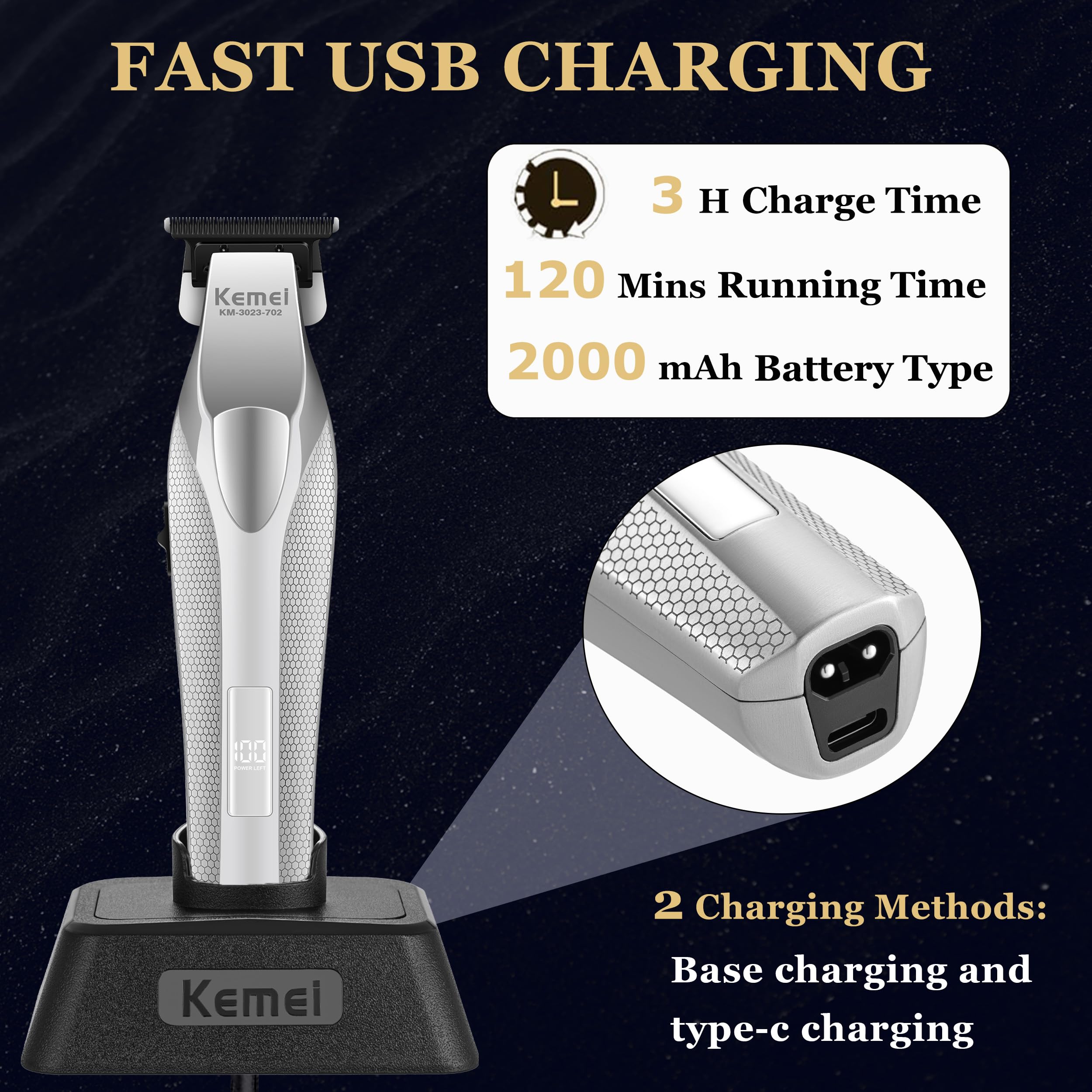 KEMEI 3023-702 motor 9000 rpm ofrece rendimiento suave y estable.