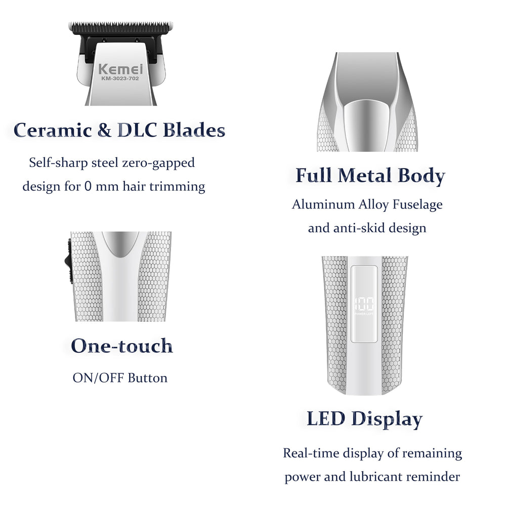 KEMEI 3023-702 pantalla LCD muestra batería y estado en tiempo real.