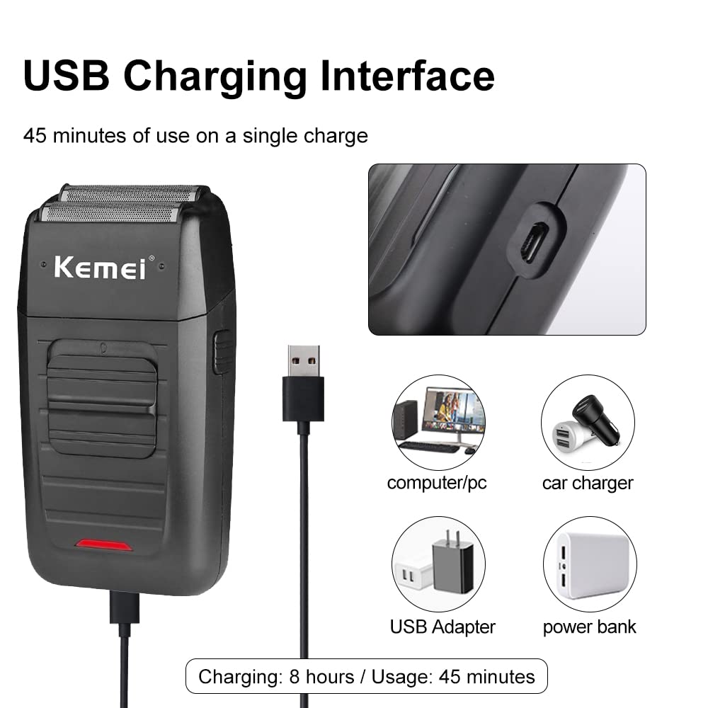 Kemei batería recargable facilita sesiones largas sin enchufes.