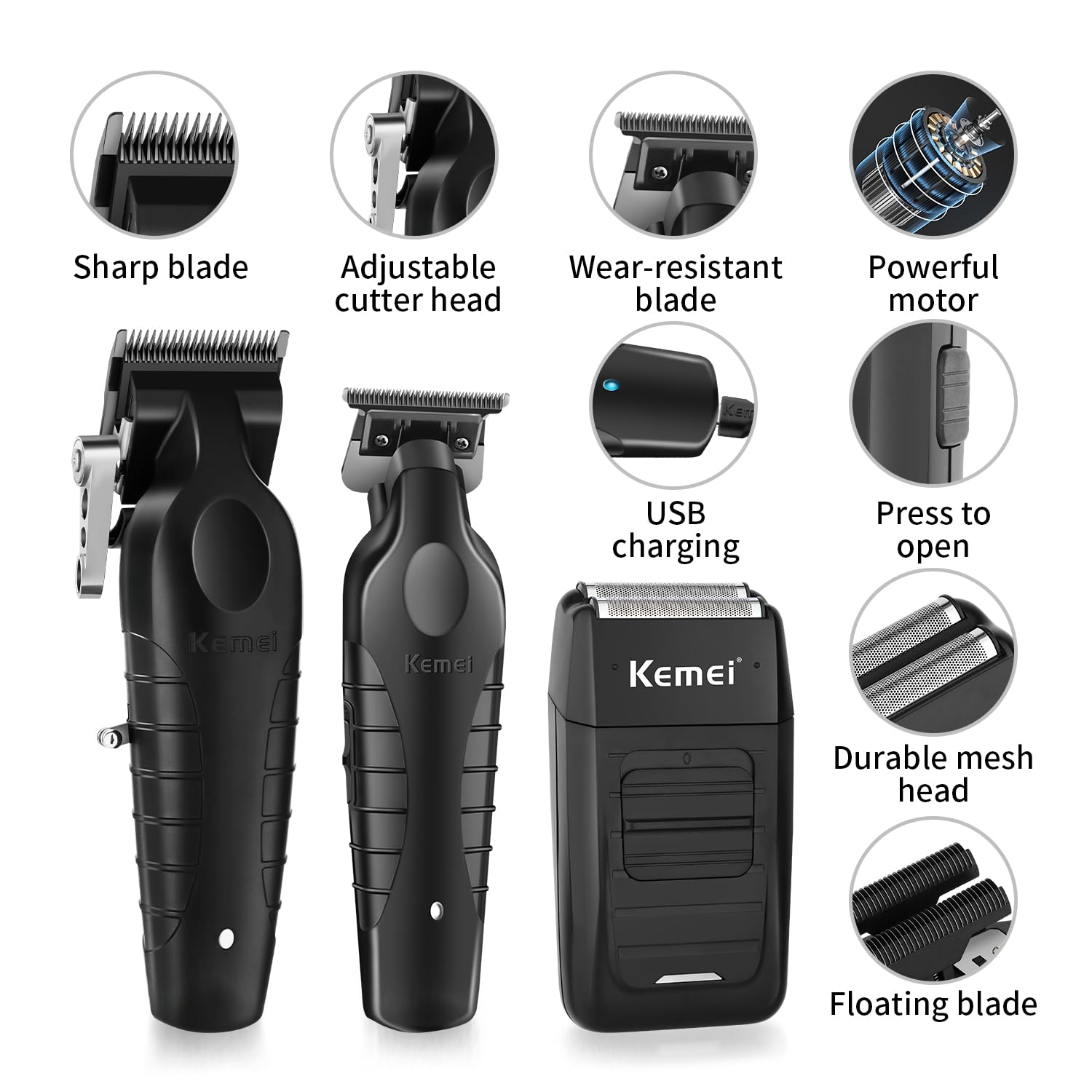 KEMEI cortapelos inalámbrico con carga USB para uso cómodo durante viajes.