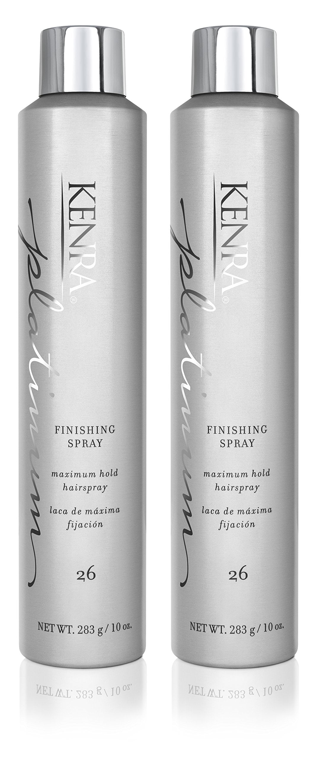 Kenra Platinum Finishing Spray 26 bottle close-up showing a high-shine finish and strong hold.
