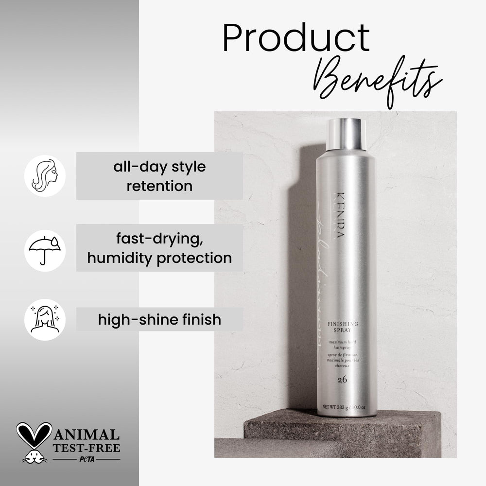 Kenra Platinum Finishing Spray 26 two-pack on display emphasizing convenience and value.