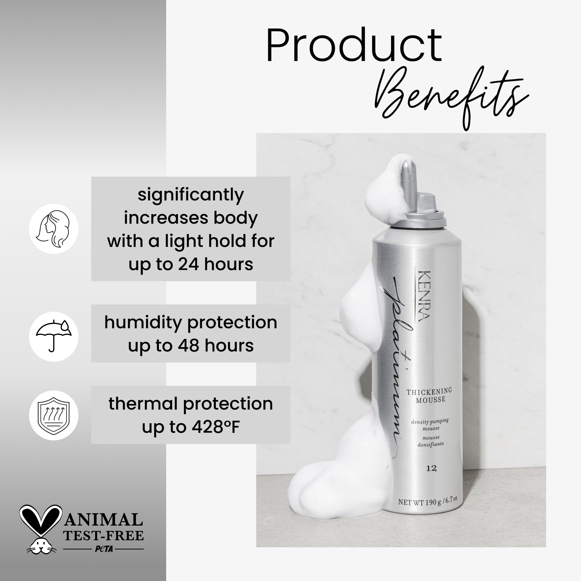 Kenra Platinum Mousse engrosadora, densidad de cabello hasta 150 por ciento.