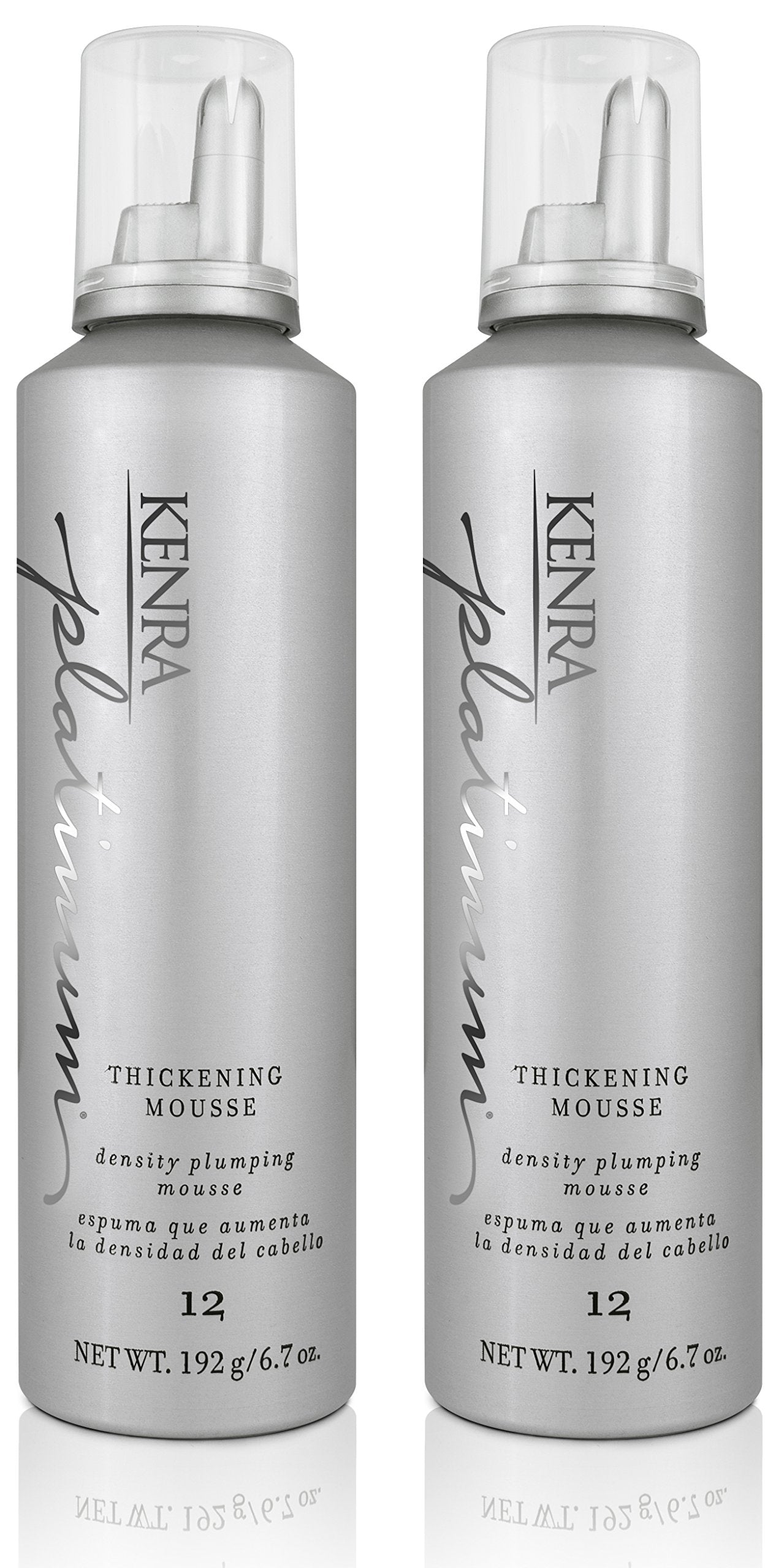 Kenra Platinum Mousse engrosadora en botellas, mejora densidad y cuerpo del cabello.