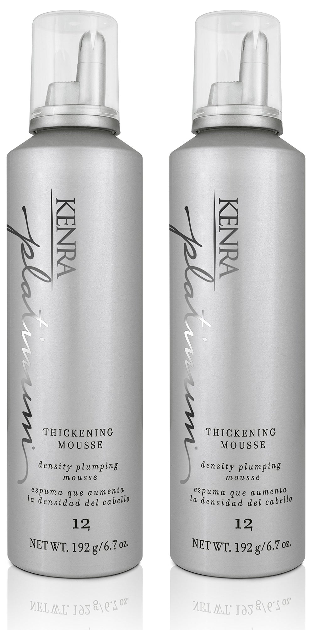 Kenra Platinum Mousse engrosadora en botellas, mejora densidad y cuerpo del cabello.