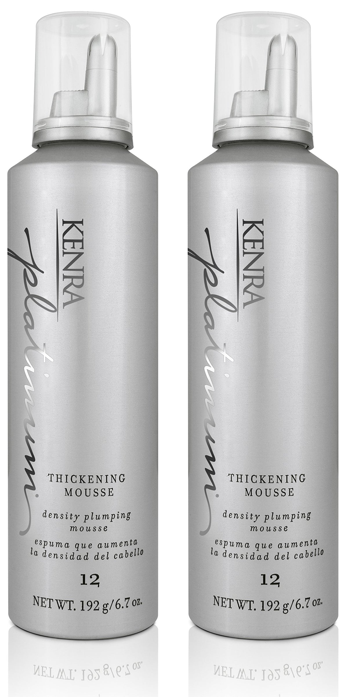 Kenra Platinum Mousse engrosadora en botellas, mejora densidad y cuerpo del cabello.