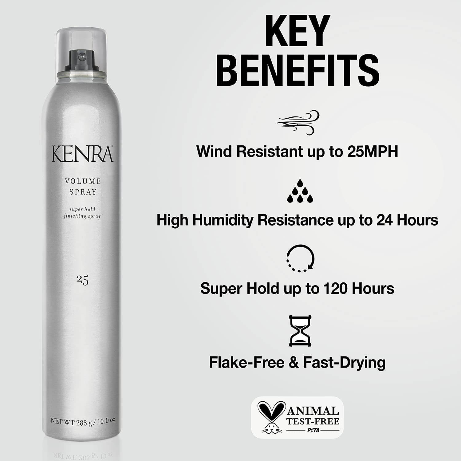 Kenra Spray de Volumen 25, aplicación suave para fijación precisa.