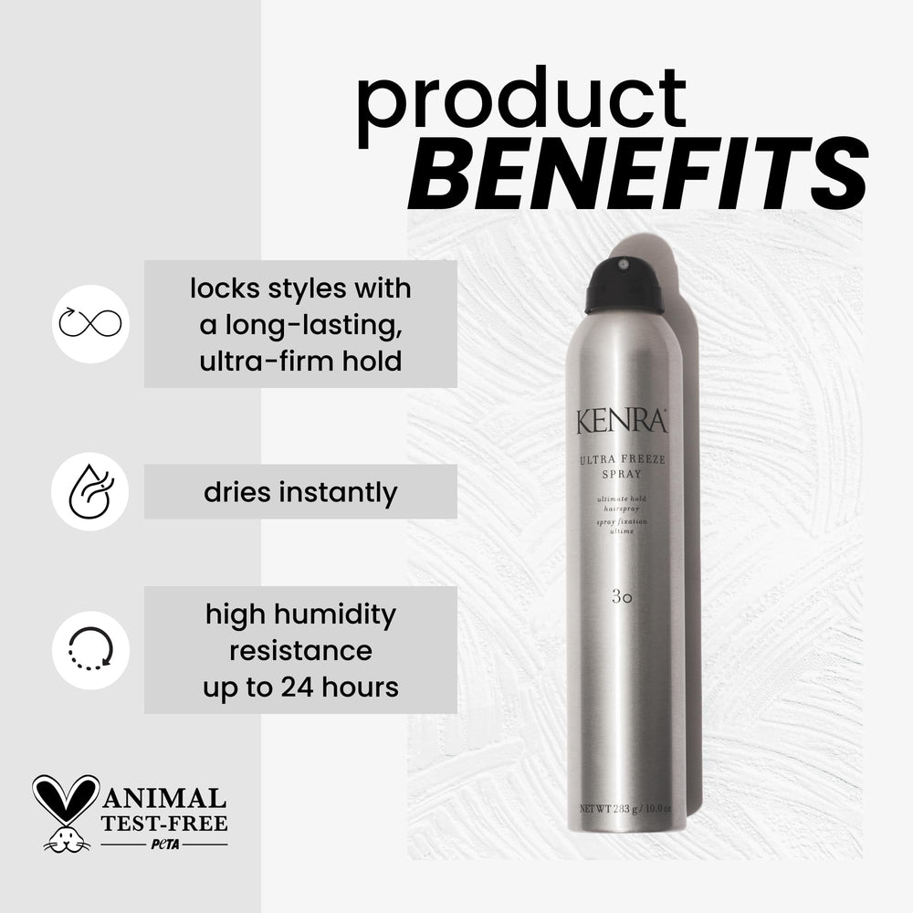Kenra Ultra Freeze Spray 30 mantiene una fijación ultra firme para peinados definidos.