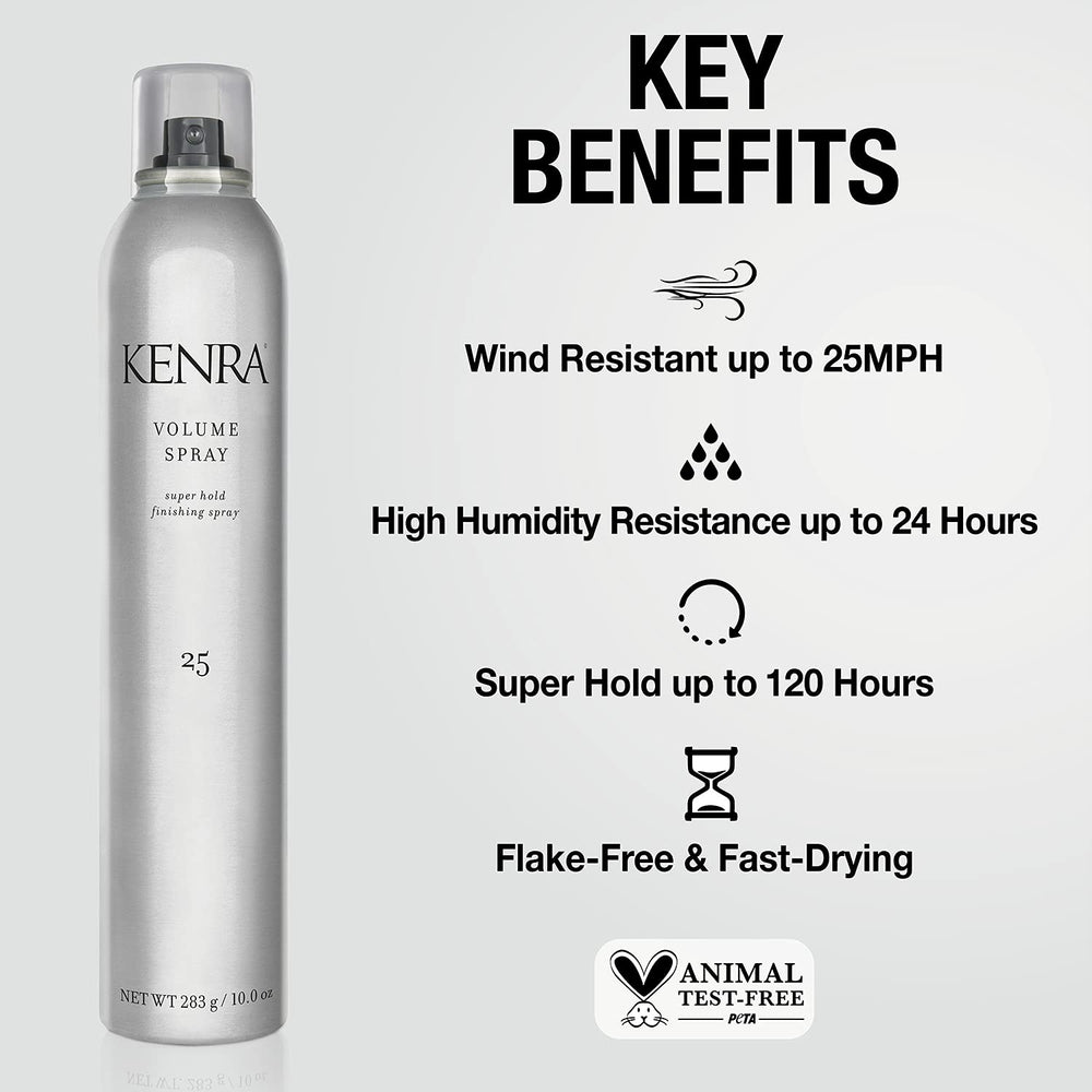 Kenra Volumen Spray etiqueta visible: brillo natural y envase resistente.