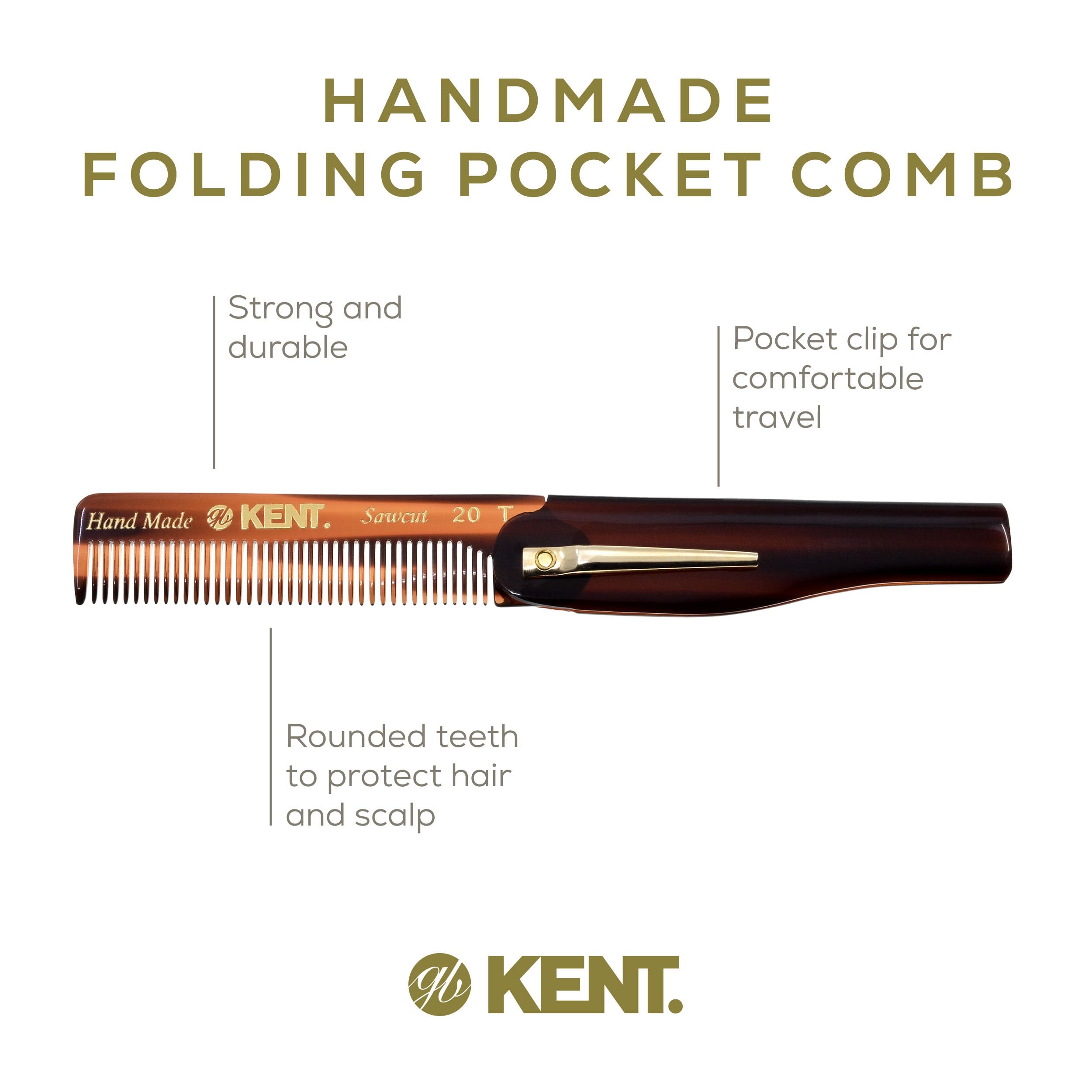 Kent 20T hand-polished saw-cut teeth for gentle detangling