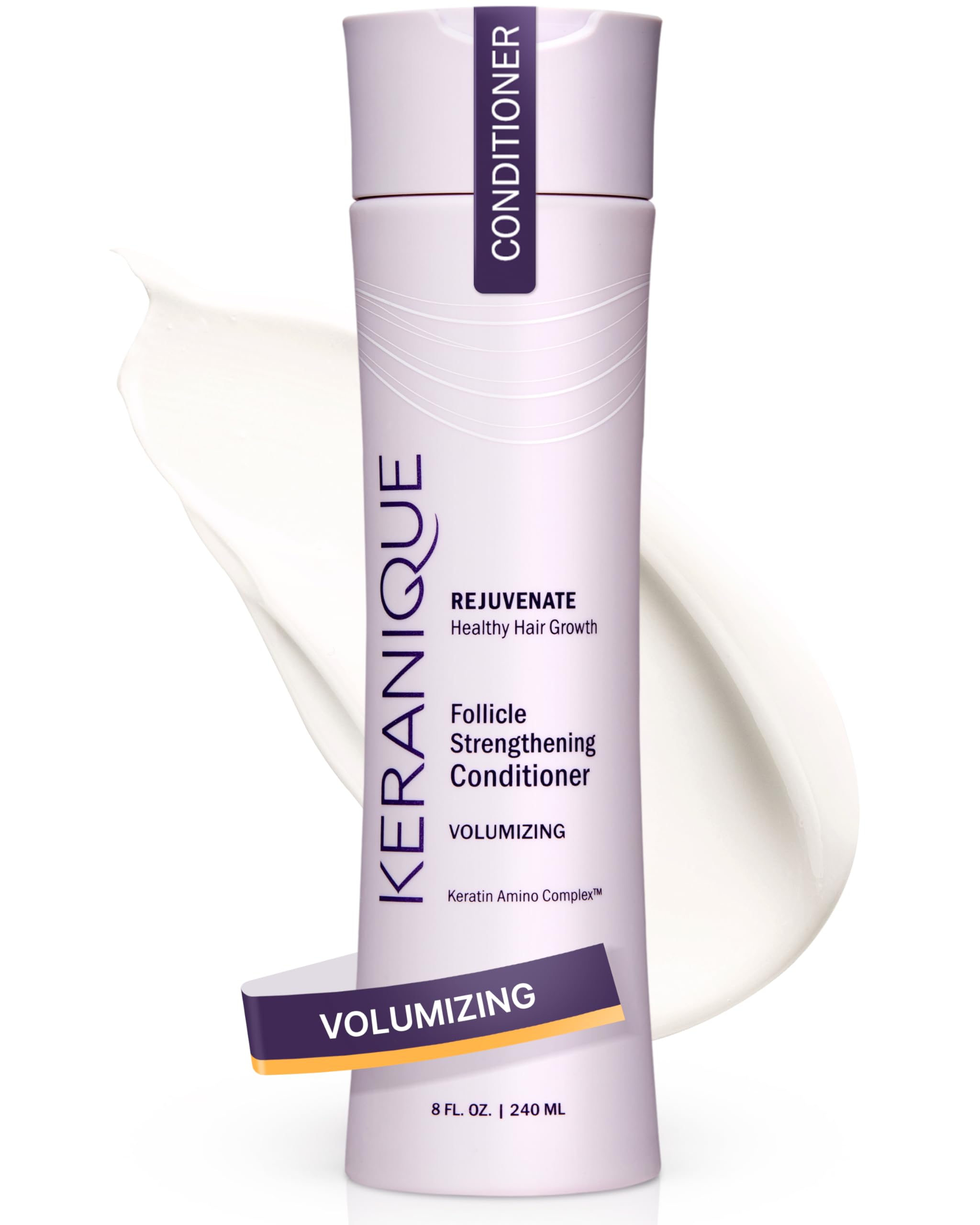 Acondicionador Keranique en bote aporta volumen suave al cabello.