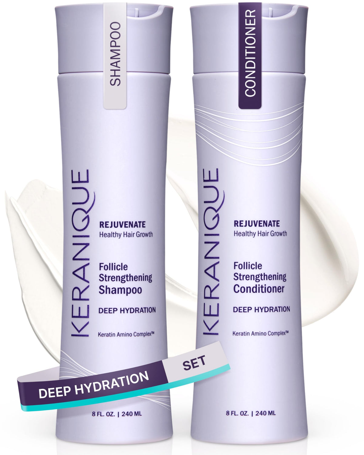 Keranique champú hidratante en botella, suavidad y brillo para cabello seco.