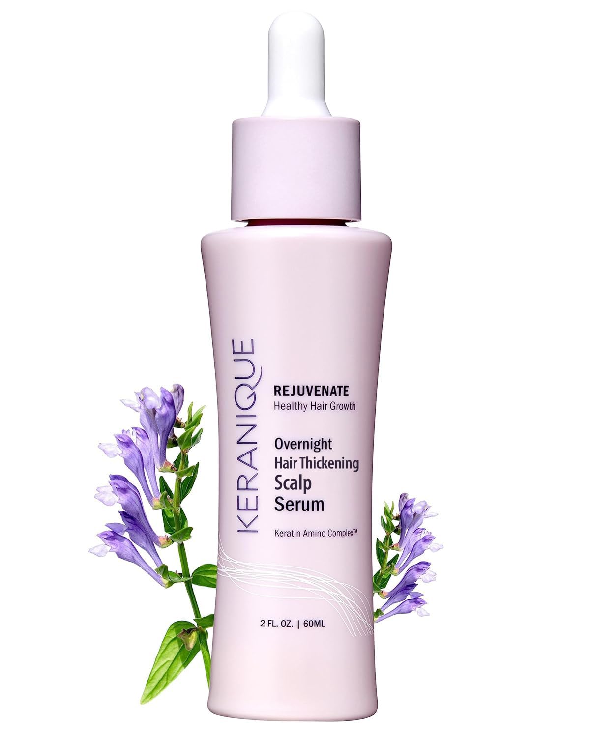 Keranique suero nocturno para el cabello: botella elegante que hidrata durante la noche.