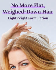 Hair showing anti-frizz shine after Keranique mousse application.